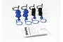 Traxxas 5378X pivot ball boot set including blue rubber boots, black plastic retainers, and metal clips on a white background.