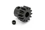 A black 13-tooth 1Mod pinion gear for RC cars, shown with its included grub screw on a white background.