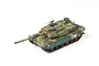 A high-angle studio shot of a 1/35 scale Academy K2 Black Panther tank model, featuring a camouflage paint scheme and green side armor panels.