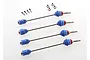 A set of four Traxxas steel CV drive shafts with blue rubber boots, red collars, and included hardware like nuts and pins on a white background.