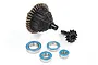 Traxxas E-Revo differential assembly including the main gear housing, pinion gear, and four ball bearings on a white background.