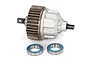 A Traxxas E-Revo VXL complete centre differential unit with a large metal gear and two separate ball bearings placed in front.