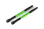 Two green anodized aluminium turnbuckles with black plastic rod ends on a white background.