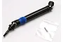 Traxxas RC drive shaft assembly with a black metal shaft, blue rubber boot, and a separate screw pin in a small plastic bag.
