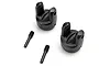 Two black differential output yokes and two matching grub screws for Traxxas RC vehicles on a white background.