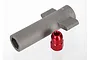 A red anodized aluminium antenna crimp nut next to a grey plastic hex wrench tool on a white background.