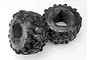 Two black Traxxas 3.8 inch Canyon AT RC monster truck tires with foam inserts visible inside, set against a plain white background.