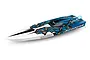 Traxxas Spartan brushless RC speed boat in blue, white, and black geometric livery, viewed from a high angle on a white background.