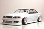 A white 1/10 scale RC Toyota Chaser JZX100 drift car body shell with BN Sports styling, shown on a reflective surface against a white textured background.