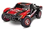 A Traxxas Slash 1/10 scale RC short course truck with a black and red body, featuring sponsor decals and off-road tires, isolated on a white background.
