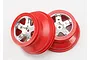 Two Traxxas RC short course wheels with red rims and satin chrome spokes on a white background.