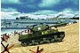 Box art illustration of an M10 tank destroyer on a beach during the Normandy invasion, with landing craft in the background.