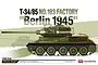 Academy 1/35 scale T-34/85 No.183 Factory Berlin 1945 tank model kit box art showing a side profile illustration of the green tank with wire mesh armor.
