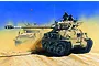 Box art illustration of an IDF M-51 Super Sherman tank and a support vehicle driving through a desert landscape.