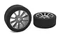 Two Team Corally 1.9 inch foam front tires mounted on grey 10-spoke wheels, shown against a white background.