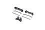 Losi Mini-T 2.0 front bumper and rear pivot set including plastic mounts, metal hinge pins, and metal suspension braces on a white background.