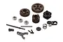 Axial RBX10 Ryft 2-speed conversion kit parts including metal gears, bearings, shift fork, and hardware on a white background.