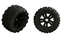 Two ARRMA dBoots Copperhead2 monster truck wheels with black 5-spoke rims and aggressive tread patterns, shown from side and front angles.