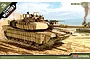 Box art for an Academy 1/35 scale U.S. M1A2 TUSK II tank plastic model kit, showing an illustration of the tank in a desert environment.
