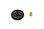 A black spur gear with the Yeah Racing logo and a small brass pinion gear isolated on a white background.