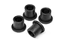 Four small black flanged bushings arranged on a white background.