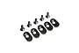 Five black metal engine mount inserts and five matching flat-head screws for Losi 5IVE-T 2.0 RC car.