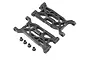 Two black plastic front lower suspension arms and four small bushings for a Losi RC vehicle.