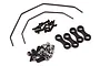 Losi sway bar set including two metal sway bars, black plastic ball ends, metal pivot balls, and various black screws on a white background.
