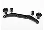 Traxxas body mount set including a curved black plastic cross brace, two body posts, and two cylindrical extensions against a white background.