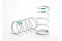 Two white RC shock springs with green stripe markings, standing on a white background.