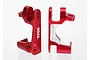 A pair of red anodized aluminium front hub carriers for Traxxas RC vehicles, showing left and right pieces with TRX branding.