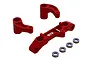 ARRMA red anodized aluminium steering assembly set including steering rack, bellcranks, and four ball bearings on a white background.