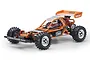 A studio shot of the Kyosho Javelin 1/10 scale 4WD RC buggy with an orange roll cage, off-road tires, and a driver figure.