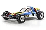 A studio shot of the Kyosho Optima 1/10 scale 4WD RC buggy, featuring a blue, white, and yellow body with the number 5 on the side.
