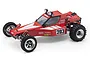 A studio shot of a red Kyosho Tomahawk 1/10 scale 2WD RC buggy with white racing stripes, number 203 decals, and off-road tires.