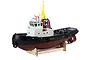 Pro Boat 30 inch Horizon Harbour Tug RC boat on a wooden display stand against a white background.