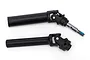 Two black Traxxas RC front drive shaft assemblies with universal joints on a white background.