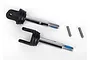 Two Traxxas RC yoke axles with black plastic yokes, silver metal shafts, and two small metal axle pins on a white background.