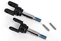 Two Traxxas yoke axles with black plastic yokes, silver metal shafts, blue thread locker on the threads, and two separate metal axle pins.