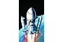 An artistic illustration of a Space Shuttle launching with booster rockets, set against the backdrop of Earth and space.