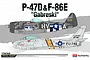 Academy 1/72 scale plastic model kit box art featuring illustrations of a P-47D Thunderbolt and an F-86E Sabre aircraft.