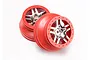 Two Traxxas 2.2/3.0 inch split spoke RC rims with red outer rings and chrome centers, shown against a white background.