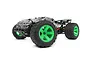 Maverick Quantum XT Flux RC stadium truck in silver and black with bright green wheels, shown from a low angle on a white background.