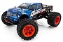 Maverick Quantum MT Flux 1/10 scale RC truggy in blue and orange with black splatter paint, featuring large off-road tires and bright orange wheels.