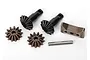 Traxxas differential gear set including two bevel gears with shafts, two smaller spider gears, a cross pin, and a gear carrier block.