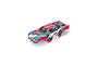 ARRMA Vorteks 4x4 RC truck body shell in red, blue, and white with black racing graphics, viewed from a high angle.