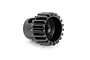 A black metal 19-tooth RC pinion gear with a set screw hole, shown against a white background.