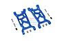 Two blue anodized aluminium RC front lower suspension arms with included screws and bushings on a white background.