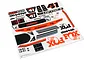 A sheet of Traxxas Fox Edition decals for the UDR RC truck featuring various logos, numbers, and racing graphics in orange, black, and white.