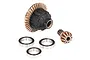 Traxxas 8S X-Maxx complete rear differential set including ring gear, pinion gear, and three ball bearings on a white background.